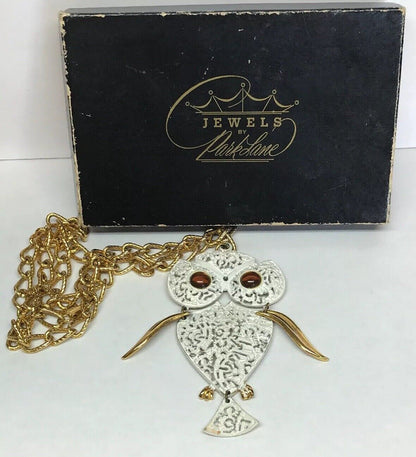 Park Lane Amber Eyes White Enamel Filigree 3D Owl Gold Tone Statement Necklace