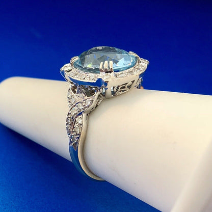 Lovely 18K White Gold Swiss Blue Topaz Diamond Halo December Statement Ring