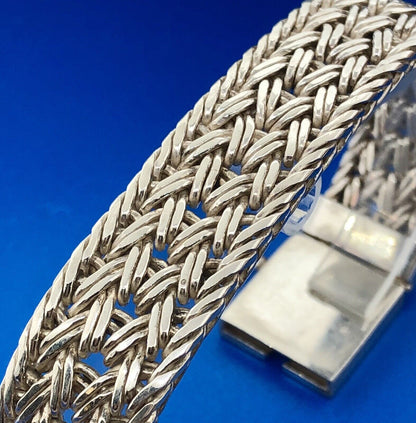 925 Sterling Silver Basket Weave Heavy Statement Buckle Bracelet