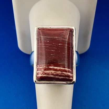 Sterling Silver 925 Banded Red Jasper Rectangular Modernist Statement Ring
