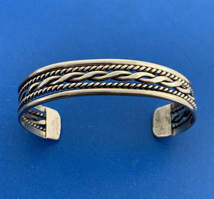 Vintage 925 Sterling Silver Ribbed Braided Rope Open Cuff Bracelet