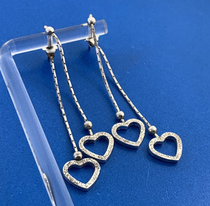 Vintage Italy 925 Sterling Silver Double Heart Drop Dangle Chain Stud Earrings