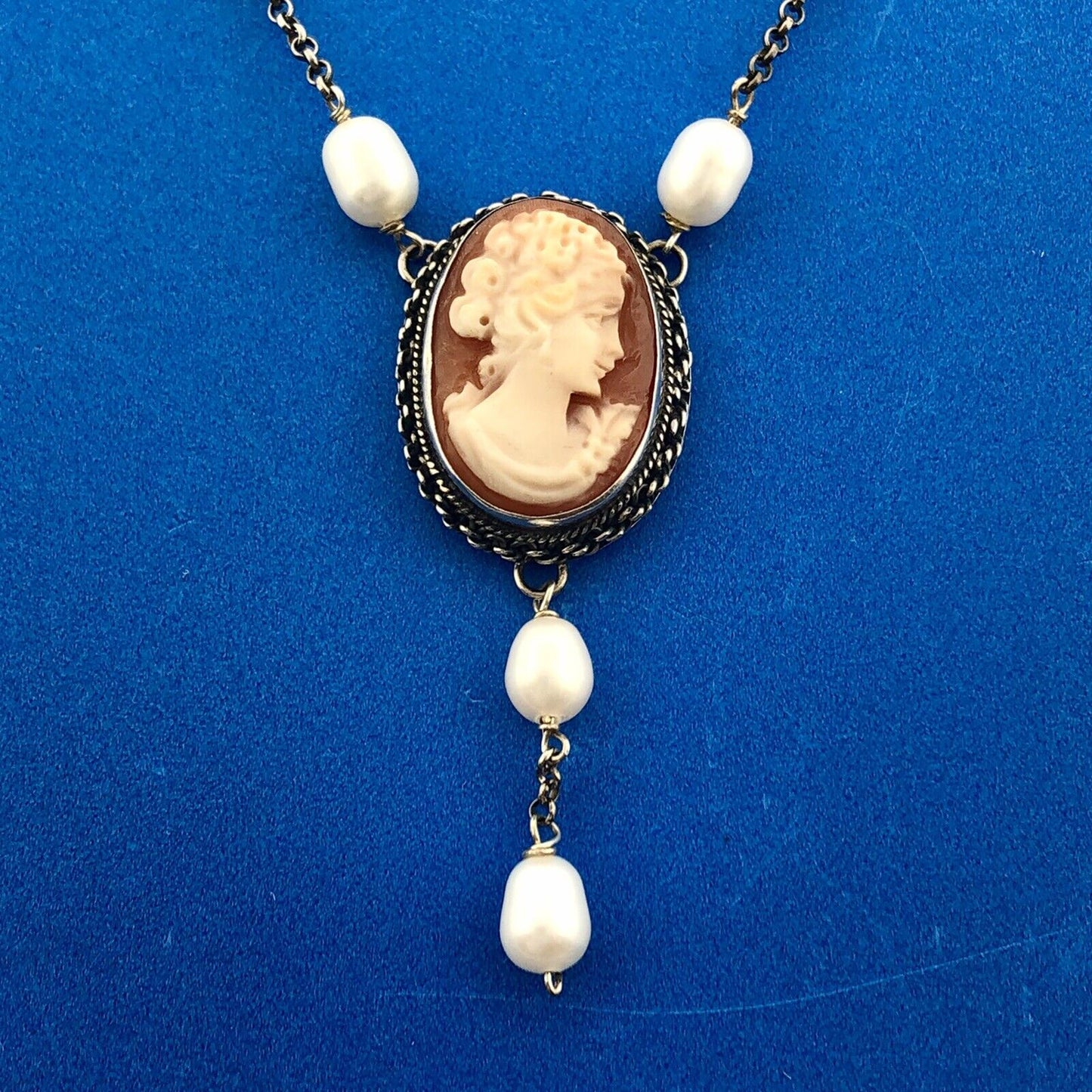 Vintage Italian Designer 925 Sterling Silver Cameo Pearl Station Necklace