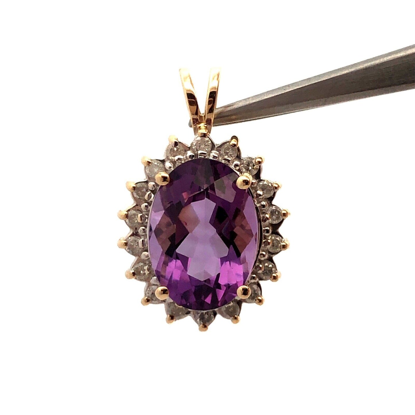 Designer 14K Yellow Gold Oval Purple Amethyst Diamond Halo Statement Pendant