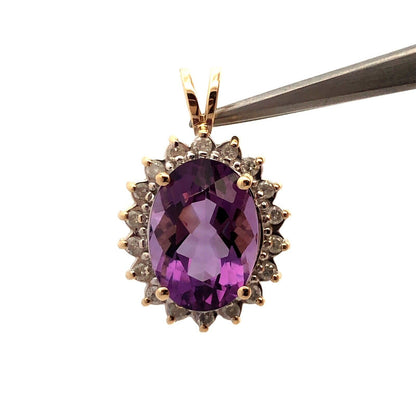 Designer 14K Yellow Gold Oval Purple Amethyst Diamond Halo Statement Pendant