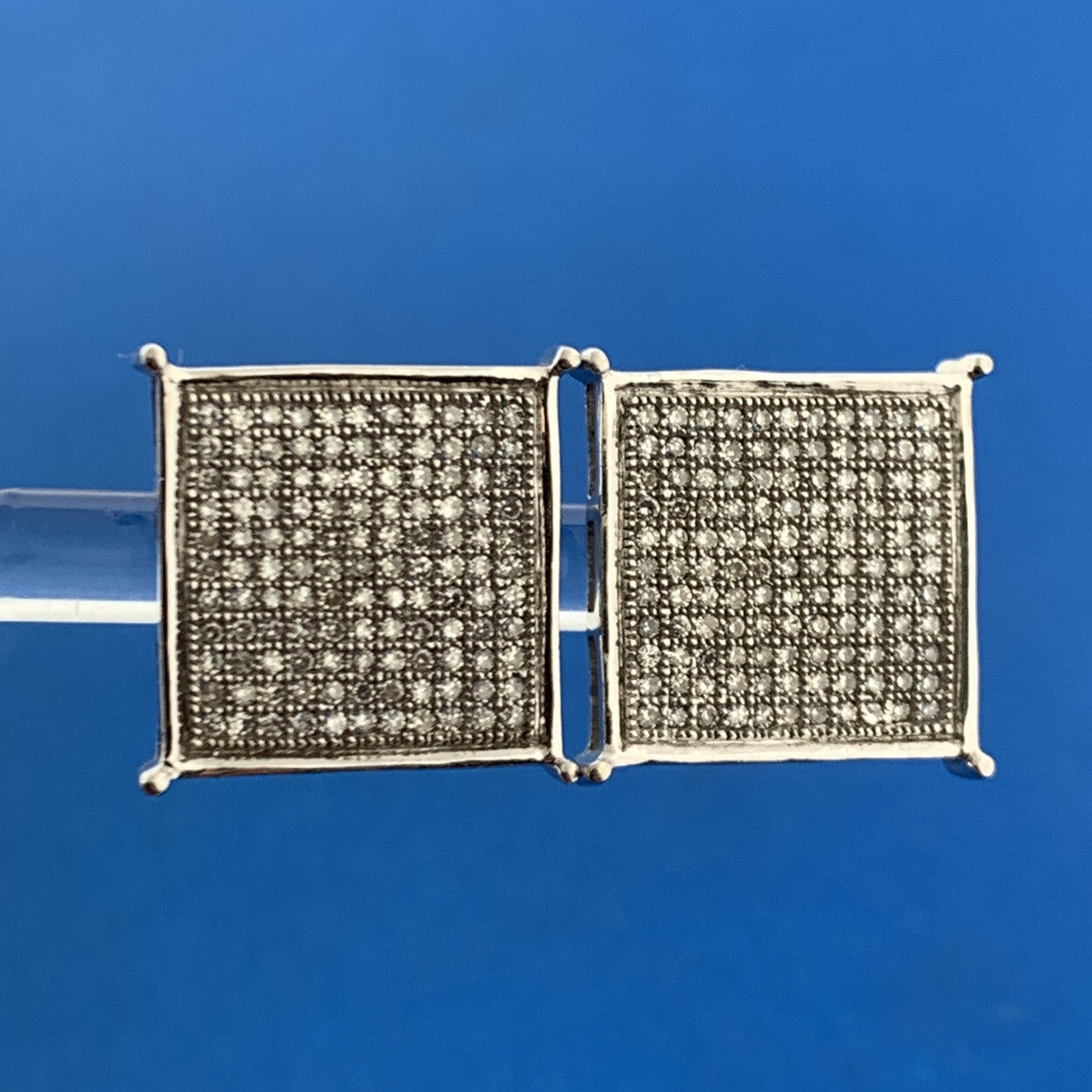 Gorgeous 10k White Gold Round Cut Pave Diamond Square Screw-back Stud Earrings