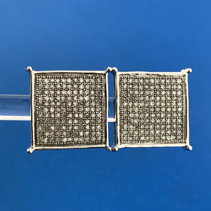 Gorgeous 10k White Gold Round Cut Pave Diamond Square Screw-back Stud Earrings