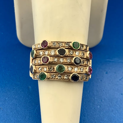 Retro 14K Yellow Gold Diamond Sapphire Ruby Emerald Anniversary Wide Harem Ring