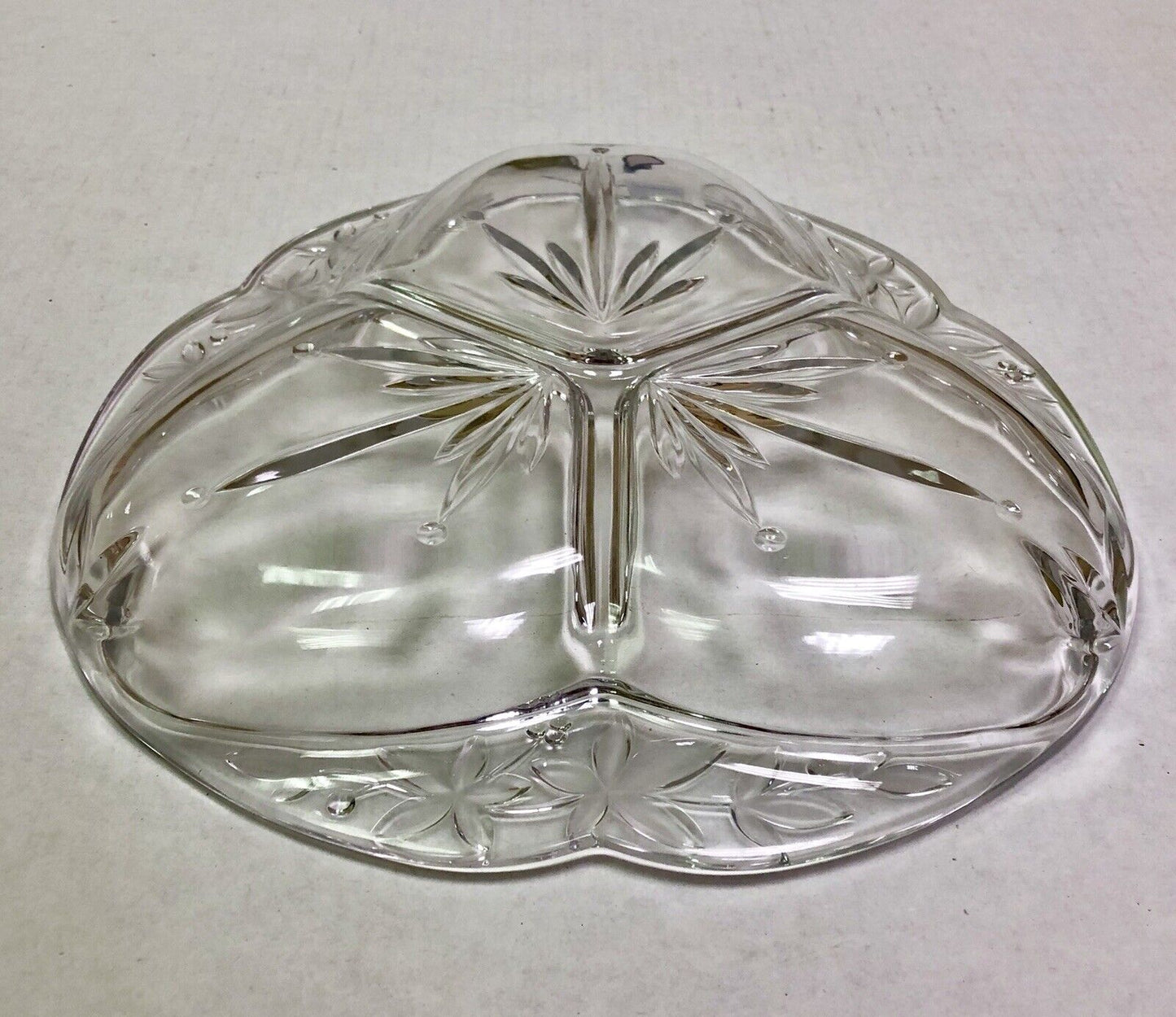 Vintage Quality Three Divided Frosted Etched Floral Scroll Relish Serving Dish