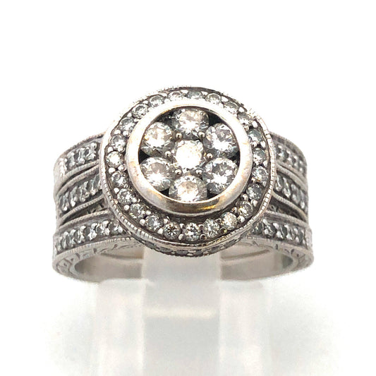 Designer 18K White Gold Diamond Floral Cluster Halo Accent 3 Ring Bridal Set