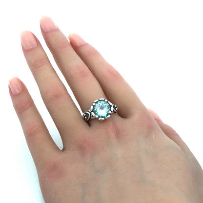 Designer 925 Sterling Silver Round Blue Topaz Solitaire Heart Scroll Ring