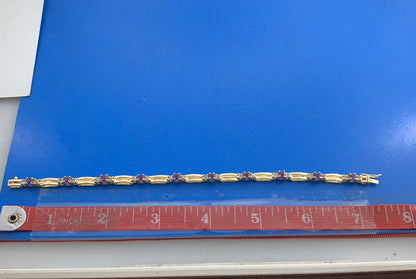 14K Yellow Gold Amethyst White Topaz Accented Station Tennis Bracelet