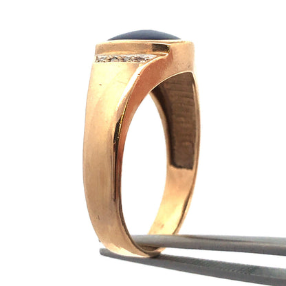 Vintage 10K Yellow Gold Blue Star Sapphire Diamond Unisex Statement Ring