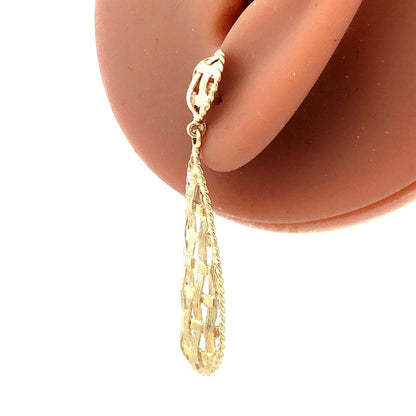 14K Yellow Gold Tear Drop Textured Basket Weave Dangle Stud Earrings