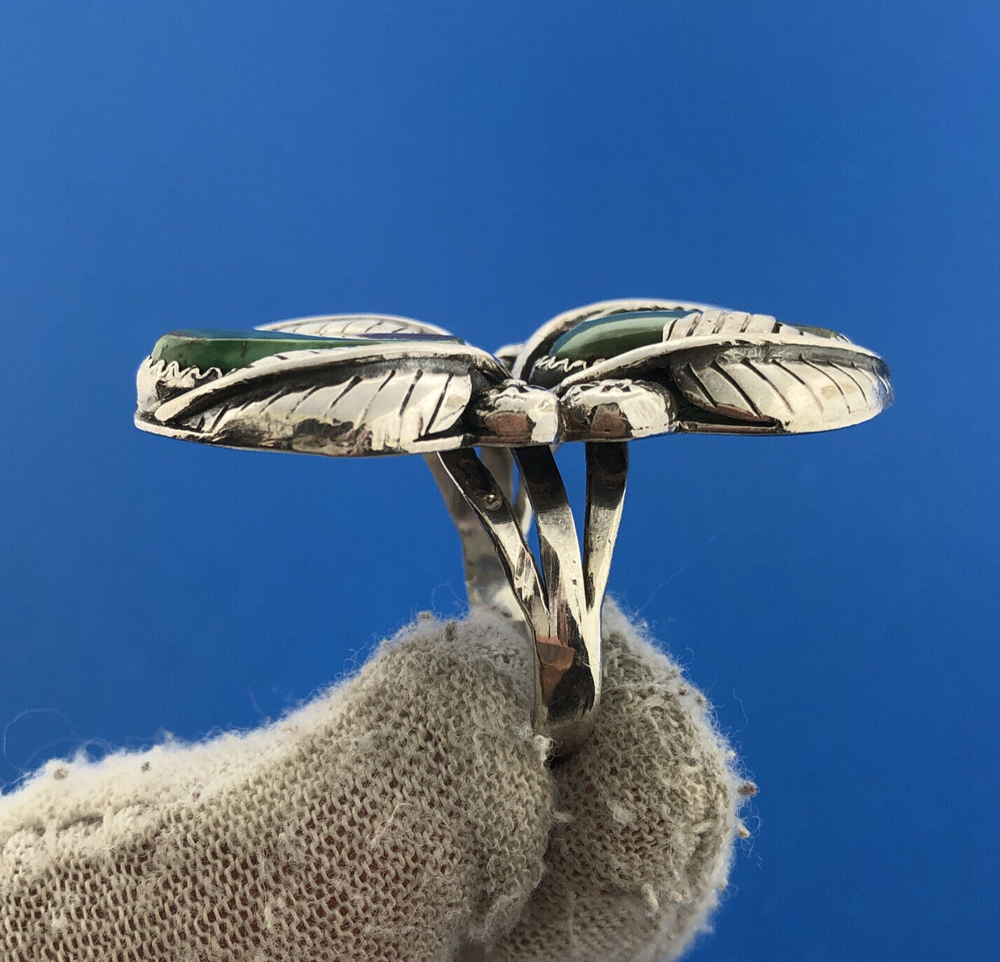 Native American R Smith 925 Sterling Silver Green Turquoise Squash Blossom Ring