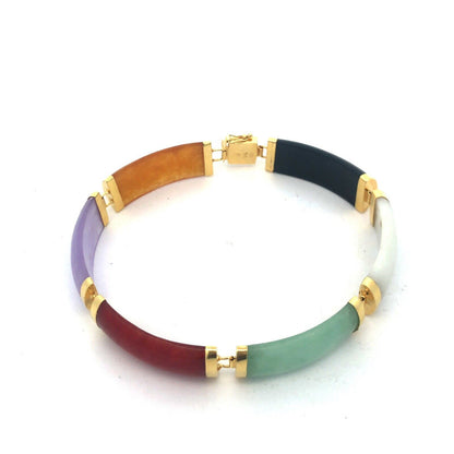 Estate 14K Yellow Gold Multi Gemstone Panel Chinese Good Luck Fortune Bracelet
