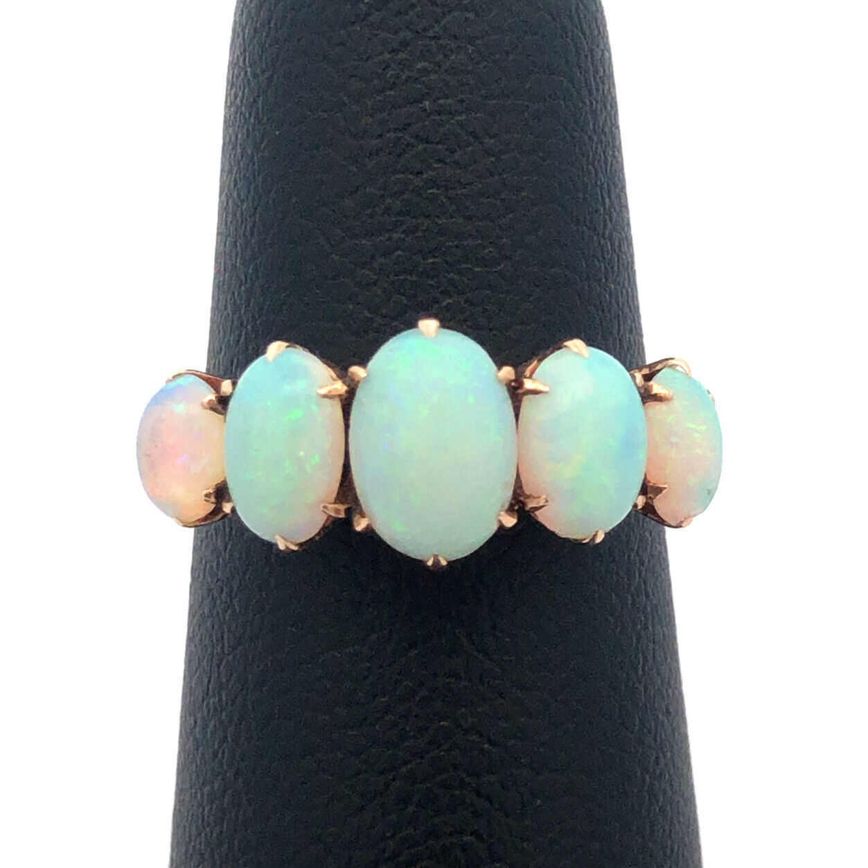 Vintage 10K Yellow Gold Five Oval Opal Cabochon October Anniversary Ring