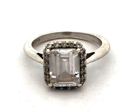 Sterling Silver Emerald Cubic Zirconia Halo Solitaire Engagement Ring