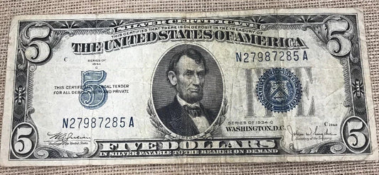 1934 C $5 United States Silver Certificate Julian/Snyder Fr. 1653