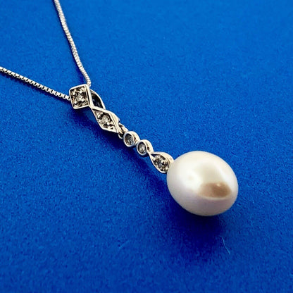 Designer AJ 14K White Gold Diamond Pearl Bridal Pendnat June Wedding Necklace