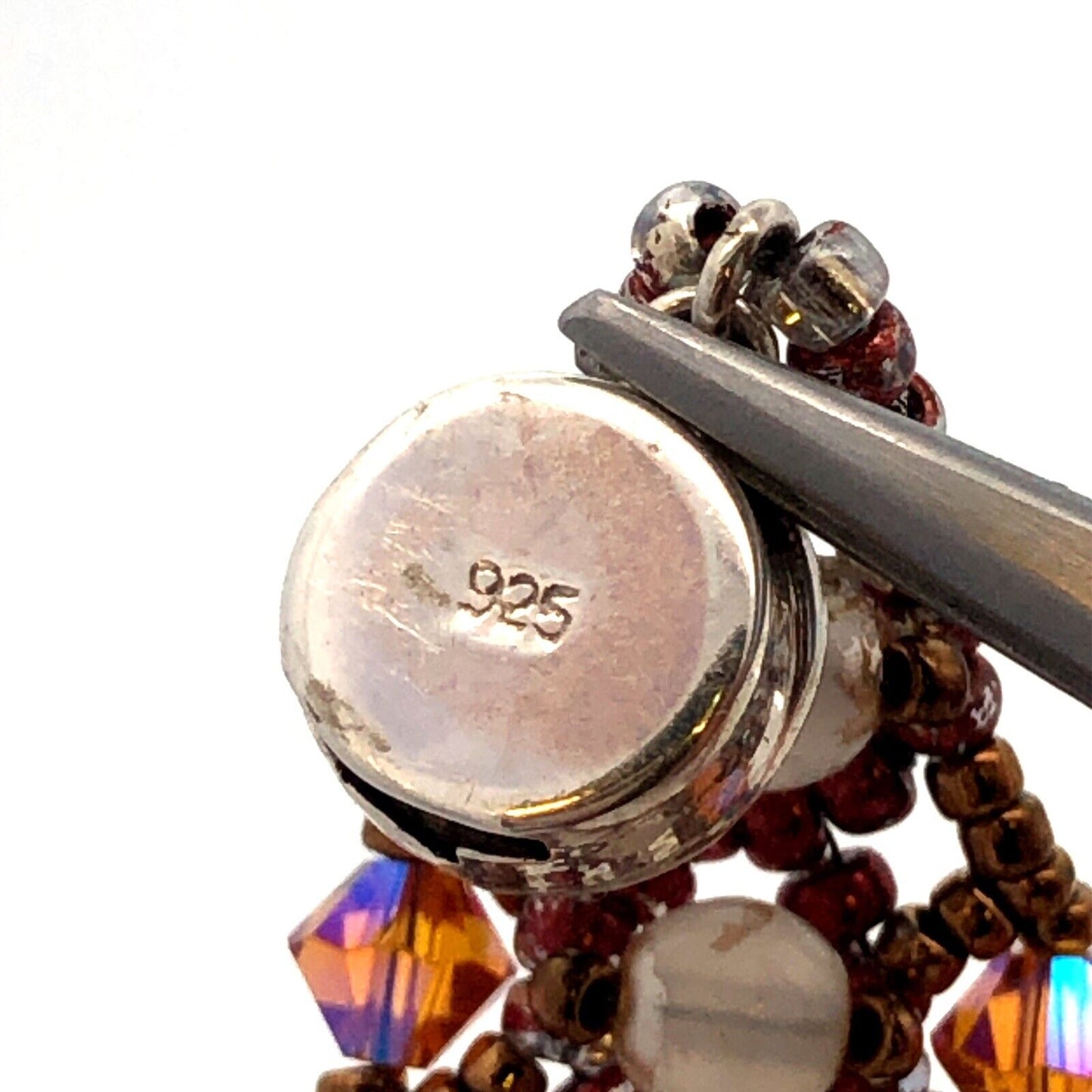 925 Sterling Silver Vintage Faux Pearl Crystal Woven Beaded Bracelet