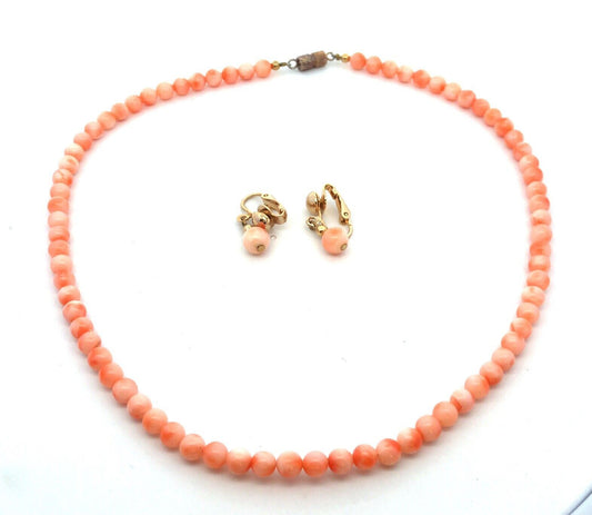 Vintage Gold Tone Angel Skin Coral Beaded Necklace Dangle Clip Earrings 3 Pc Set