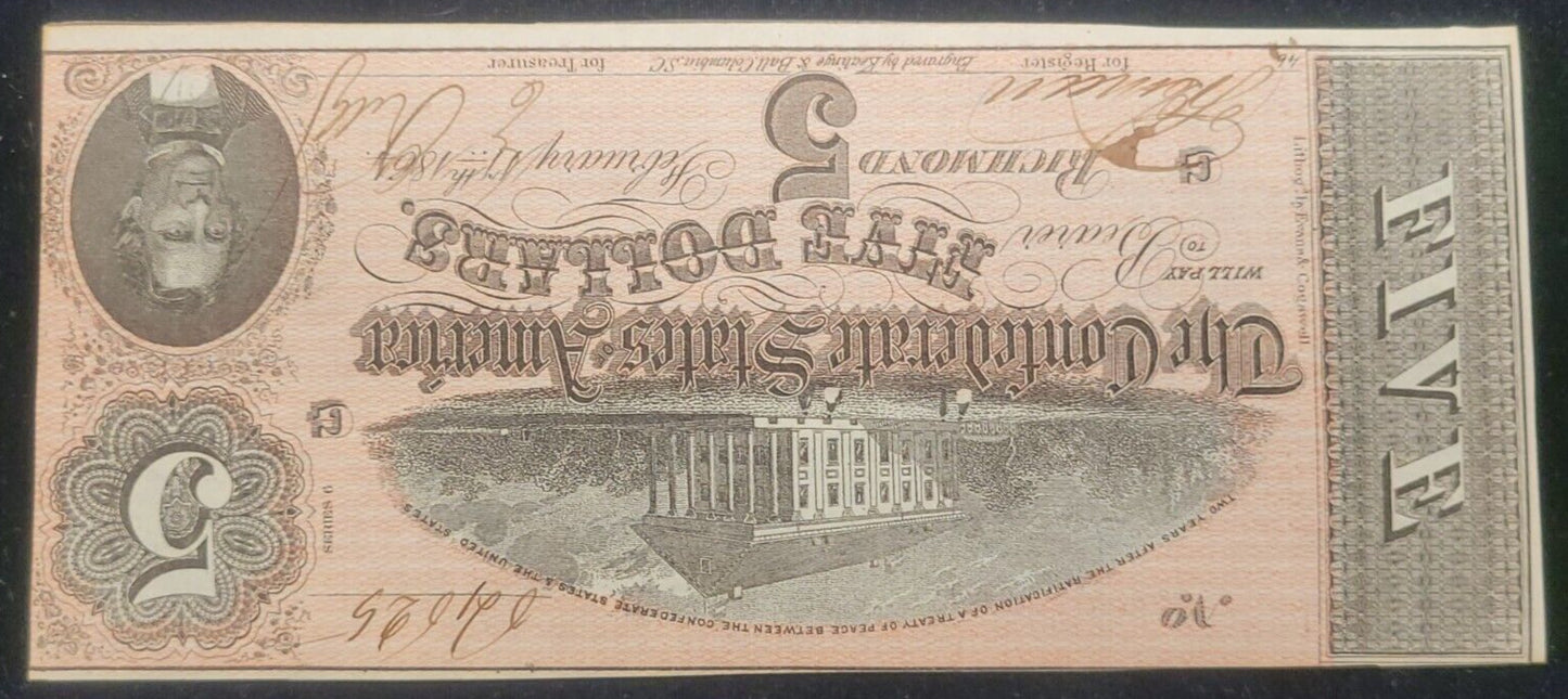 1864 $5 Richmond, VA Confederate States of America Rare Obsolete Bank Note