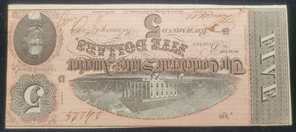1864 $5 Richmond, VA Confederate States of America Rare Obsolete Bank Note