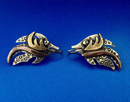 Artisan 925 Sterling Silver Brass Copper Textured Modernist Angel Fish Earrings