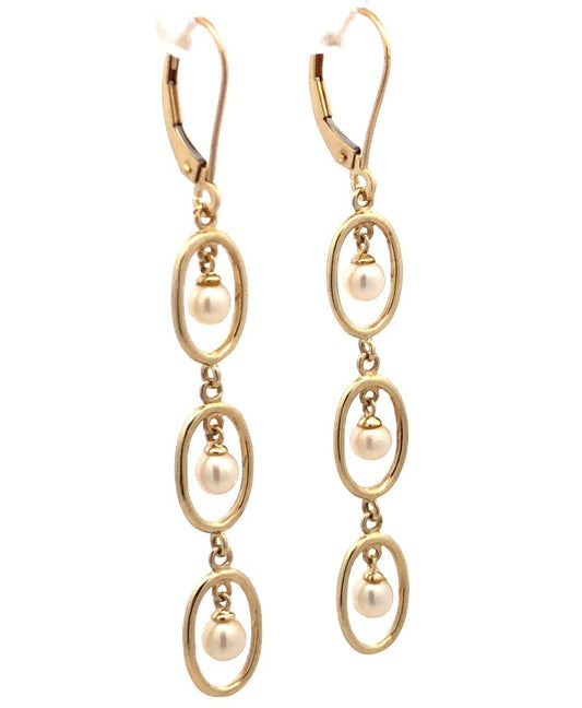 Designer 10K Yellow Gold Round White Pearl Oval Dangle Leverback Earrings