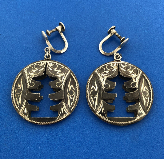 Antique 925 Sterling Silver Niello Siam Temple Cut Out Screw Back Drop Earrings