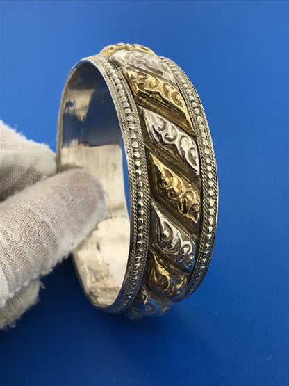 Artisan Two Tone Silver Plate Brass Stamped Beaded Wide Bangle Bracelet