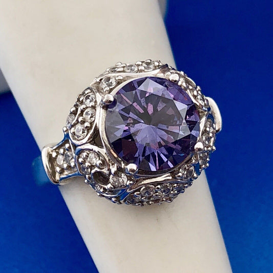 Gorgeous Sterling Silver 925 Purple Spinel Diamond Halo Statement Cocktail Ring