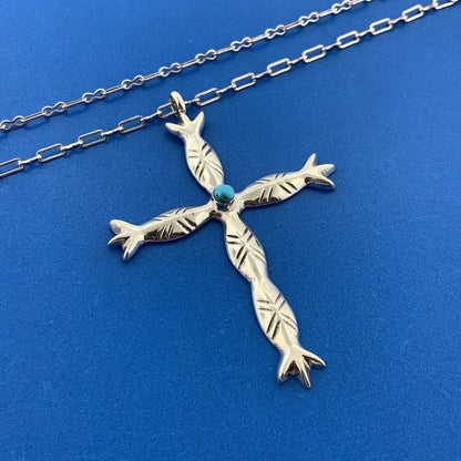 Native American Signed TQ Sterling Silver Turquoise Totem Pole Cross Necklace