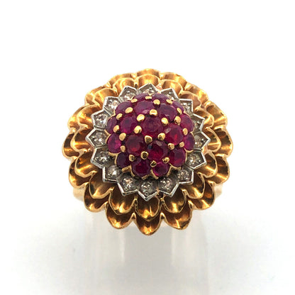 Vintage Artisan 18 Yellow Gold Ruby Diamond Cluster Dome Statement Cocktail Ring