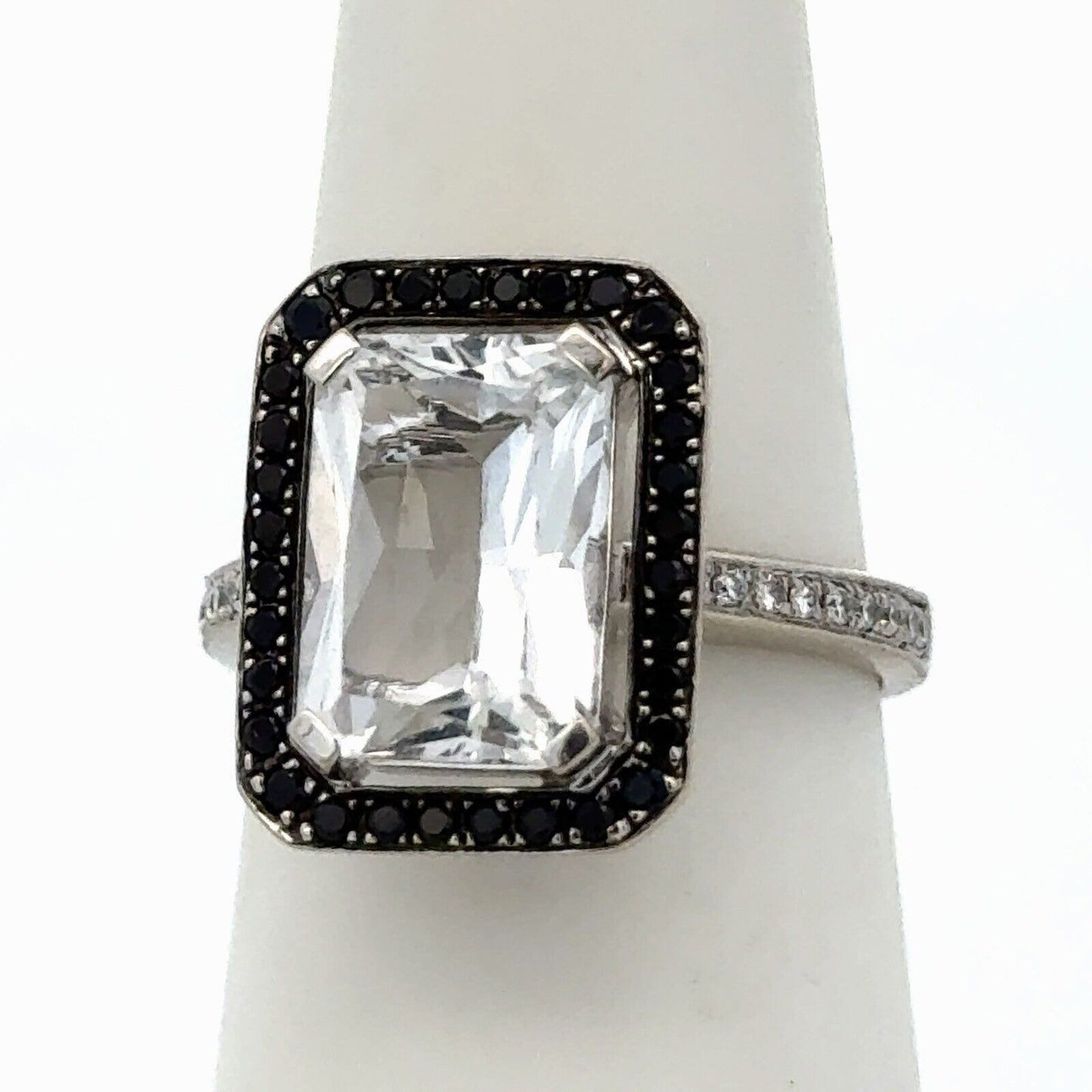 Designer 18K White Gold Emerald Cut White Topaz Black White Diamond Accent Ring