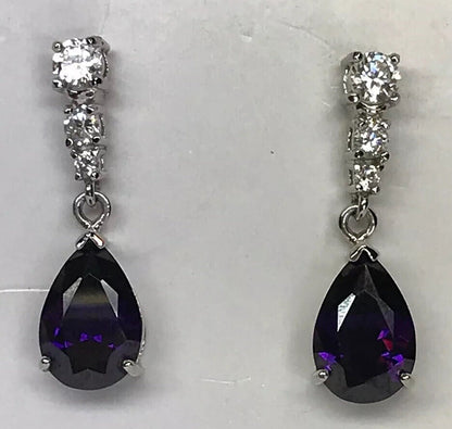 Designer Sterling Silver 925 Purple White Cubic Zirconia Statement Drop Earrings