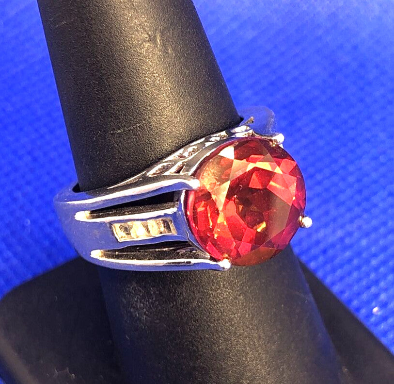 Designer BBJ 925 Sterling Silver Ruby Solitaire White Topaz Accent Cocktail Ring