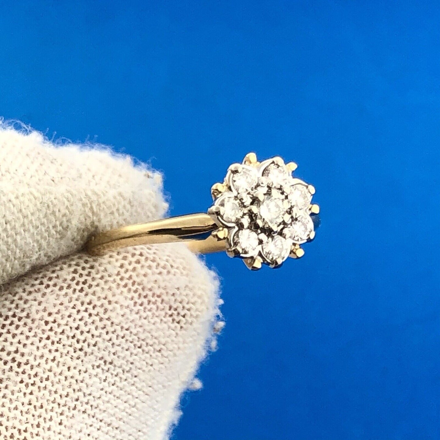 70's 14K Yellow Gold Diamond Floral Cluster Empire Top Anniversary Cocktail Ring