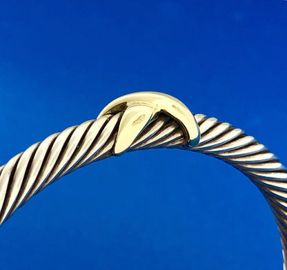 David Yurman 925 Sterling Silver 14K Gold Station Single X Cable Cuff Bracelet