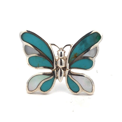 Designer K 925 Sterling Silver Turquoise Mother of Pearl Inlay Butterfly Ring