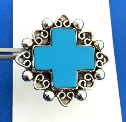 Taxco Mexico 925 Sterling Silver Turquoise Cross Statement Pendant