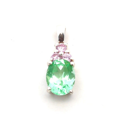 Designer HAN 925 Sterling Silver Oval Aquamarine Round Pink CZ Accent Pendant