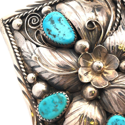 Native American Jameson Lee 925 Sterling Silver Turquoise Floral Belt Buckle