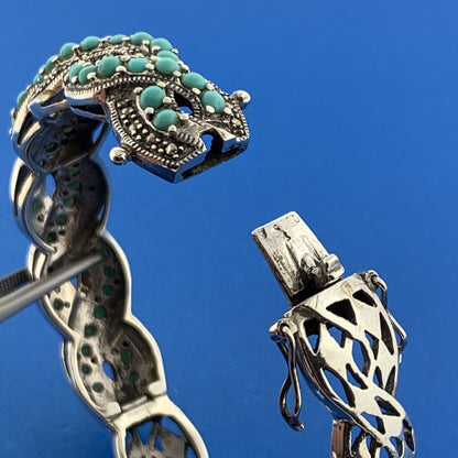 Sterling Silver 925 Turquoise Marcasite Dual Spiral 7" Hinged Cuff Bracelet
