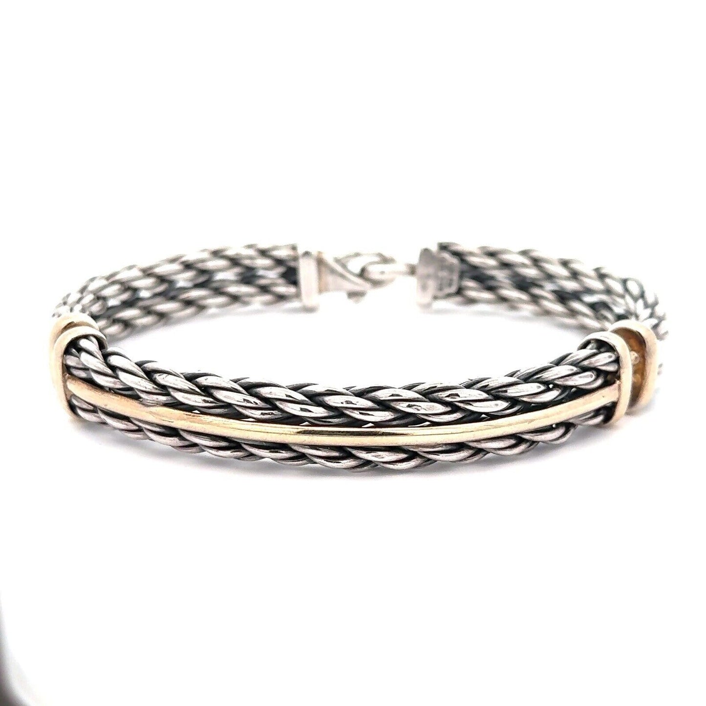 David Yurman 925 Sterling Silver 18K Yellow Gold Cable Bar Chain Cuff Bracelet