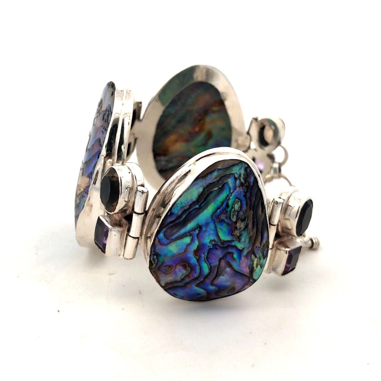 Modernist 925 Sterling Silver Abalone Amethyst Smoky Topaz Statement Bracelet