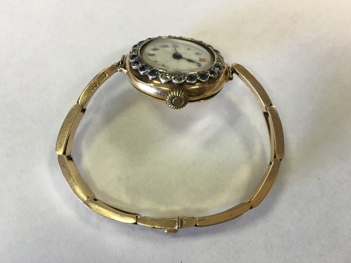 Ladies Vintage Victorian 14K Yellow Gold Diamond Sapphire Watch Adjusting Band