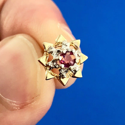 Retro 14K Yellow White Gold Ruby Starburst July Anniversary Stud Earrings