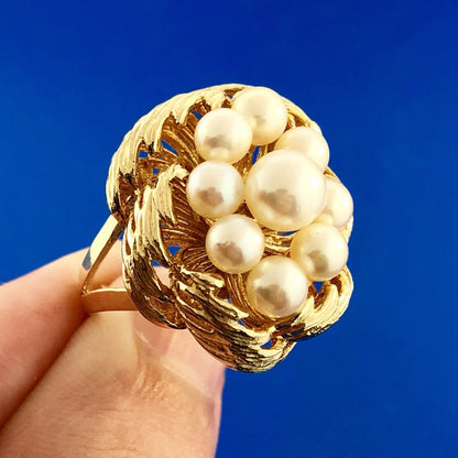 Vintage 14K Yellow Gold 9 Pearl Bird Nest Cluster Statement Cocktail Ring